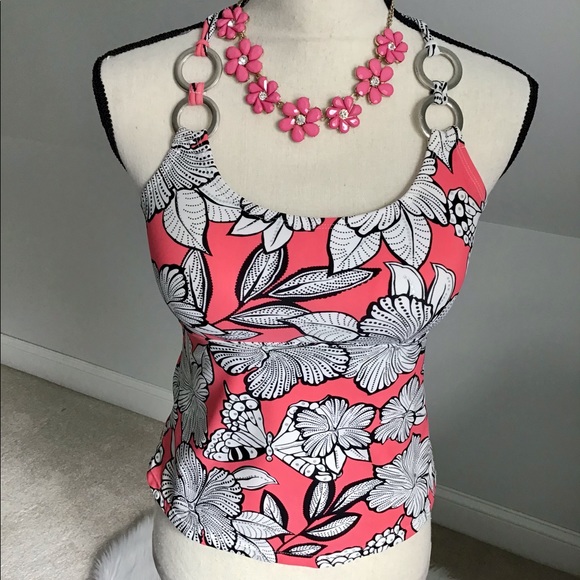 Sand N Sun Coral Black Tropical Floral Tankini Top Size Medium - Picture 4 of 6